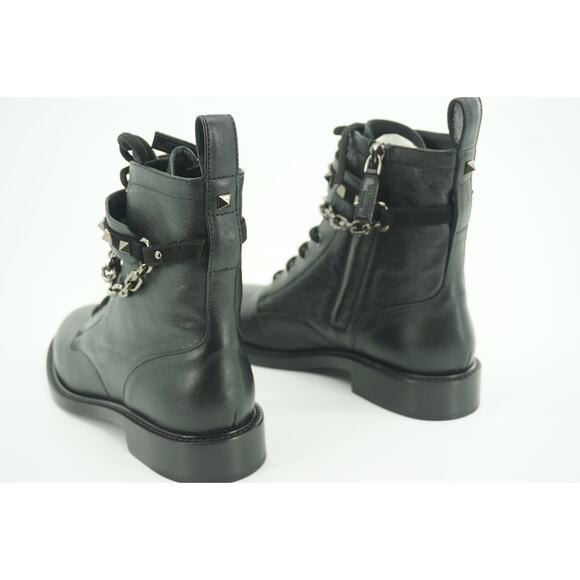 Valentino Rockstud Chain Combat Ankle Boots Size 37 black Leather $1290 - Picture 7 of 12